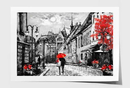 Budapest Street & Couple Under Red Umbrella B&W Painting Wall Art Limited Edition High Quality Print Unframed Roll Canvas None