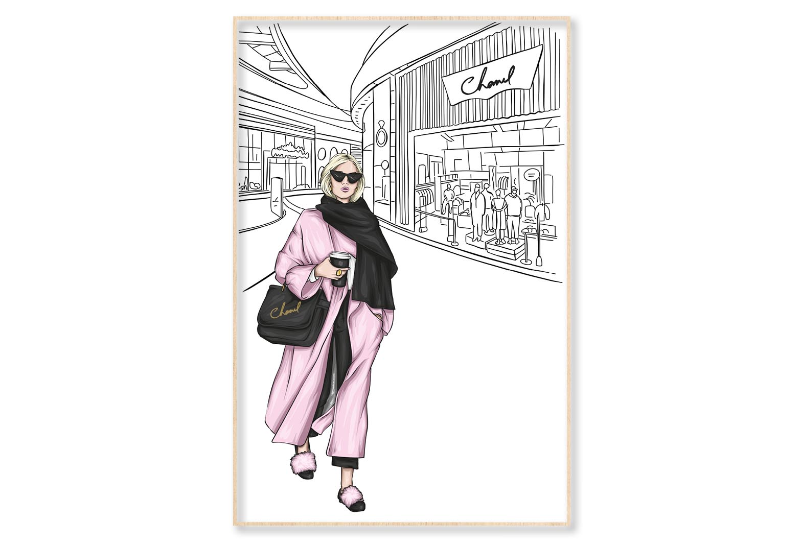 B&W Fashion Store with Pink Girl Wall Art Limited Edition High Quality Print Canvas Box Framed Natural