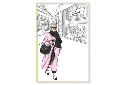 B&W Fashion Store with Pink Girl Wall Art Limited Edition High Quality Print Canvas Box Framed Natural