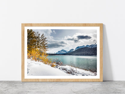 Chephren Lake With Reflection Glass Framed Wall Art, Ready to Hang Quality Print With White Border Oak