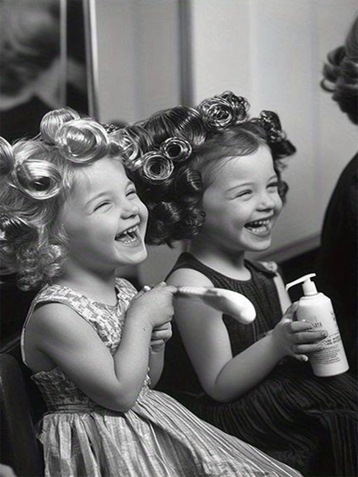 Black & White Hair Salon Two Girls in Curlers Fashion Home Decor Premium Quality Poster Print Choose Your Sizes