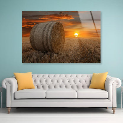 Straw Bales in A Field at Sunset Acrylic Glass Print Tempered Glass Wall Art 100% Made in Australia Ready to Hang