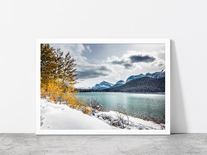 Chephren Lake With Reflection Glass Framed Wall Art, Ready to Hang Quality Print Without White Border White