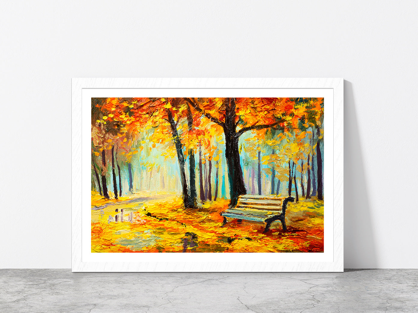 Bench In Autumn Forest Glass Framed Wall Art, Ready to Hang Quality Print With White Border White