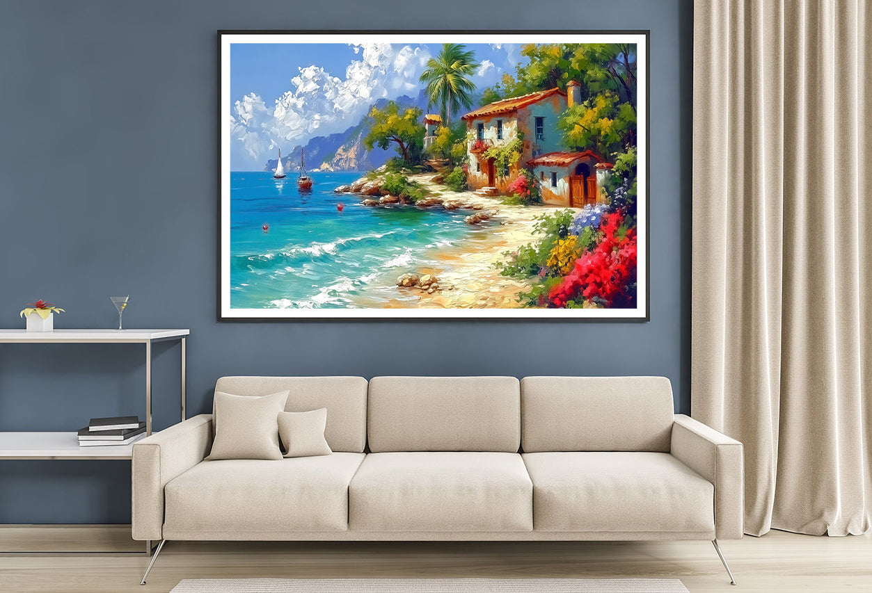 Small Town with Mountains, Summer Weather Oil Painting Home Decor Premium Quality Poster Print Choose Your Sizes