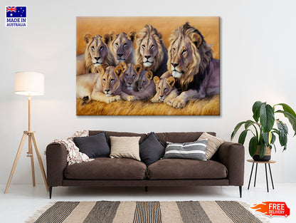 A Pride of Lions Resting Together In the Grasslands Print 100% Australian Made