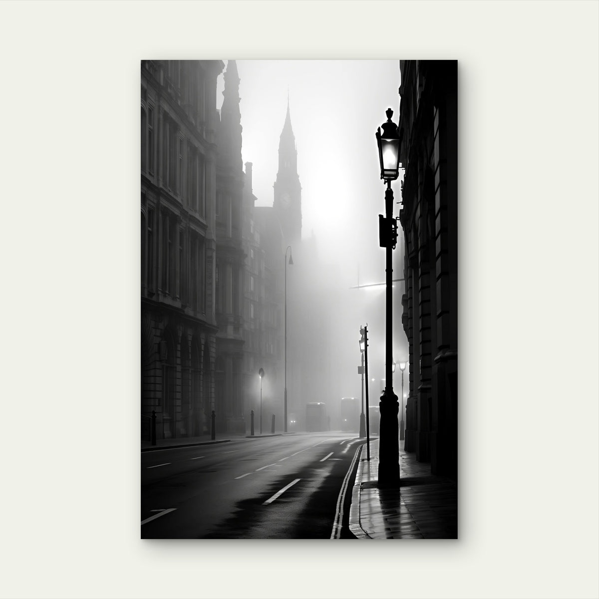 Moody Misty Black White City Street Lamp 40x60cm Metal Print Ready to Hang