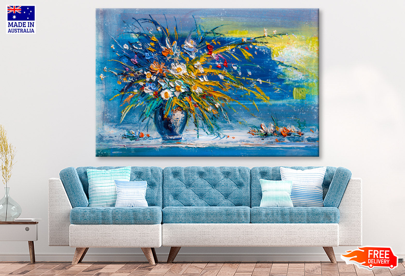 Flowers with Leaves Blue Vase Oil Painting Wall Art Limited Edition High Quality Print