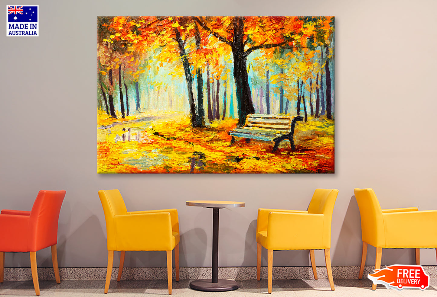 Bench In Autumn Forest Oil Painting Wall Art Limited Edition High Quality Print