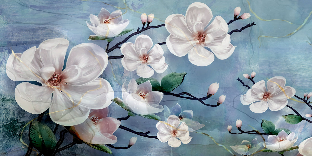 White Magnolia Floral Blossom Branch Painting Wall Art Canvas Office Home Framed 120x60cm