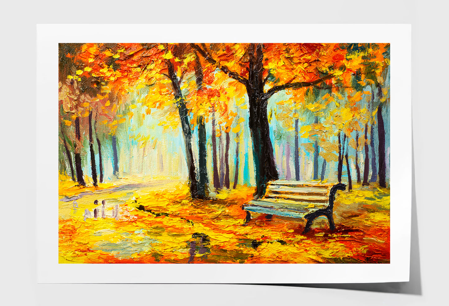 Bench In Autumn Forest Oil Painting Wall Art Limited Edition High Quality Print Unframed Roll Canvas None