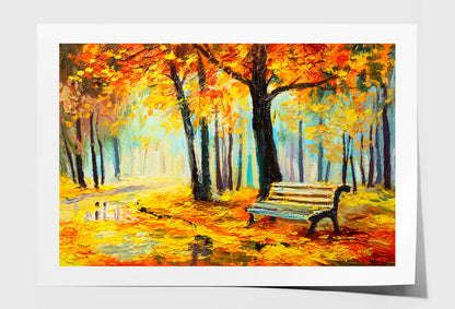 Bench In Autumn Forest Oil Painting Wall Art Limited Edition High Quality Print Unframed Roll Canvas None