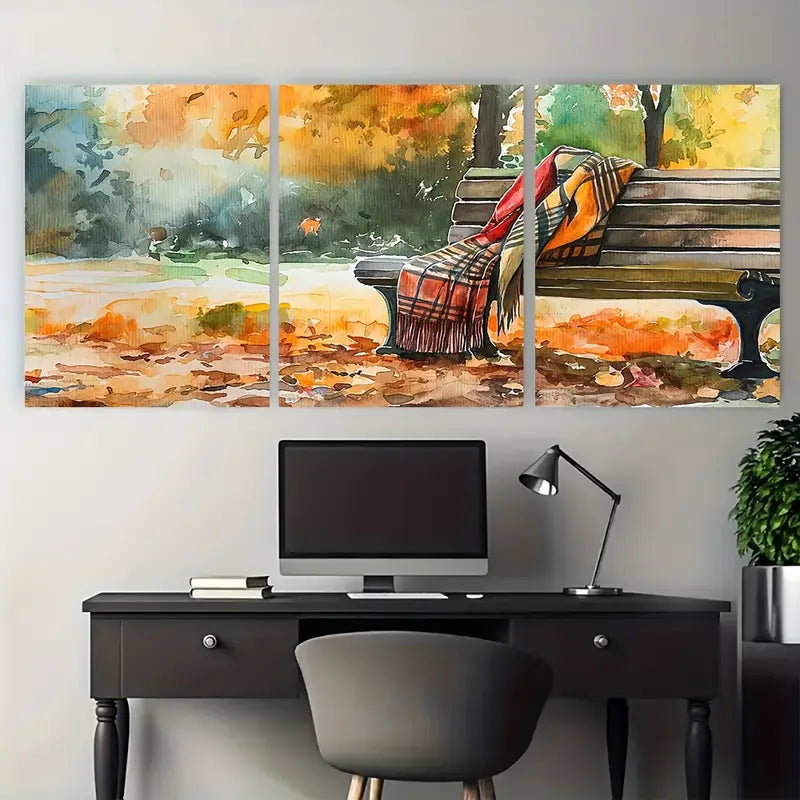 3pcs Charming Autumn Park Bench Blanket Metal Print Ready to Hang Art