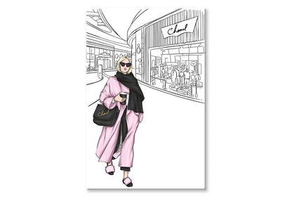 B&W Fashion Store with Pink Girl Wall Art Limited Edition High Quality Print Stretched Canvas None