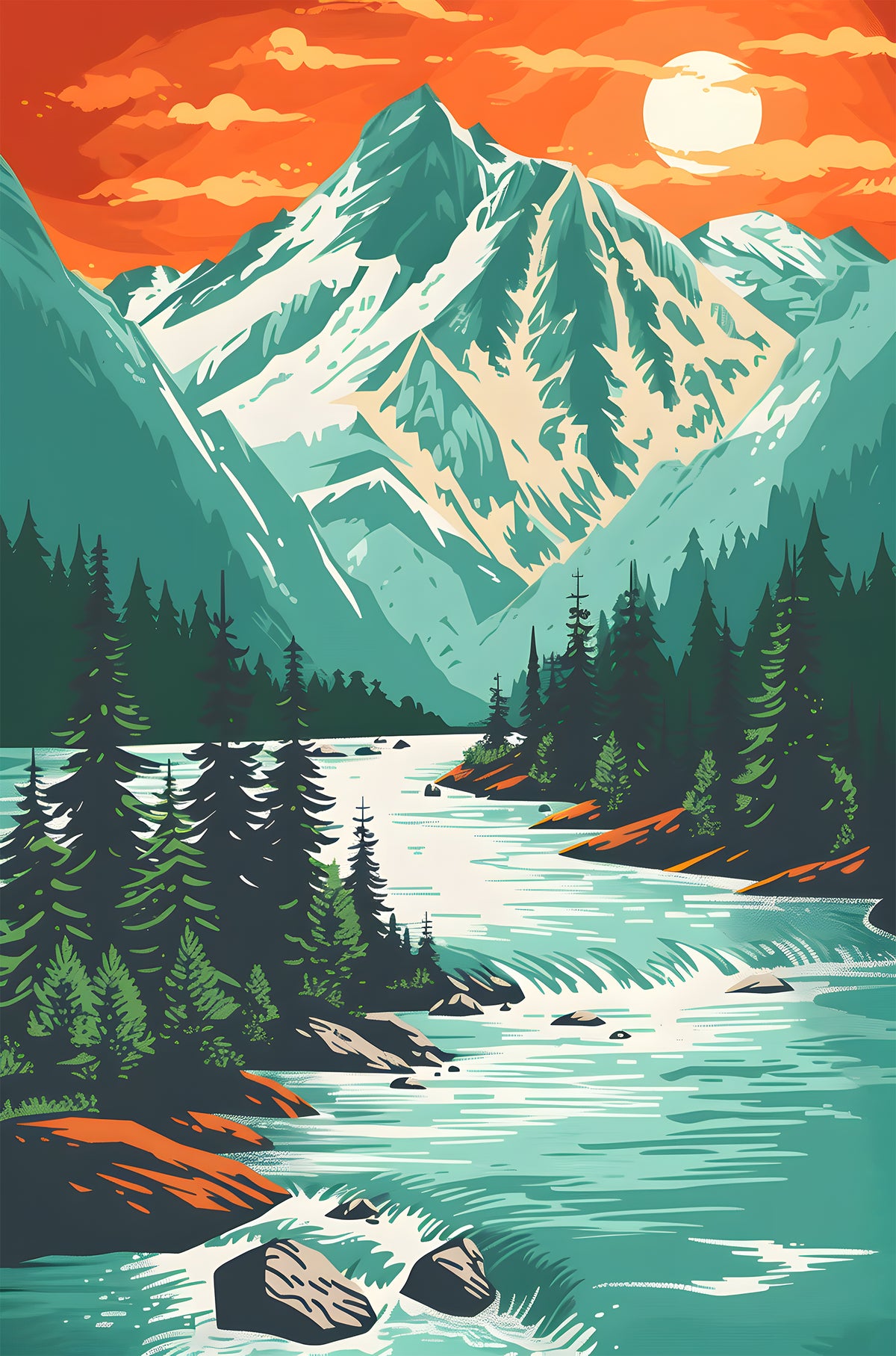 Snow Mountain River Pines Sun 60x90cm Metal Print Ready to Hang