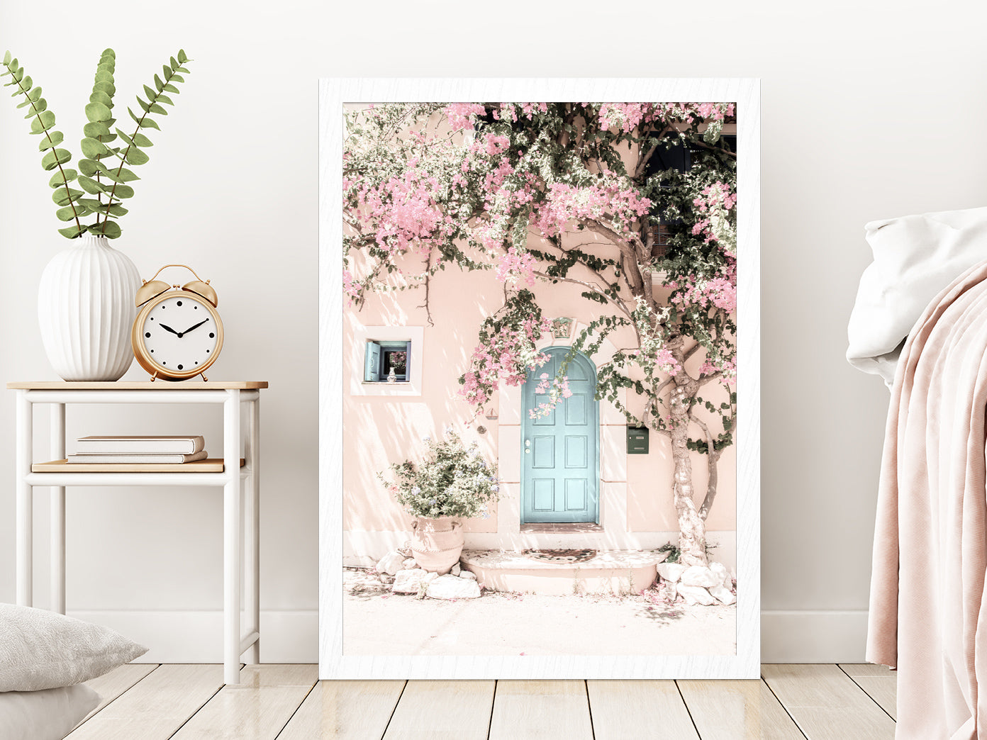 House & Flower Tree Faded Photograph Glass Framed Wall Art, Ready to Hang Quality Print Without White Border White