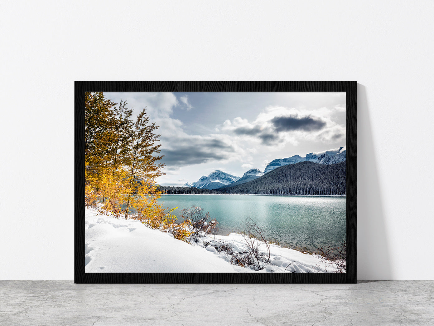 Chephren Lake With Reflection Glass Framed Wall Art, Ready to Hang Quality Print Without White Border Black