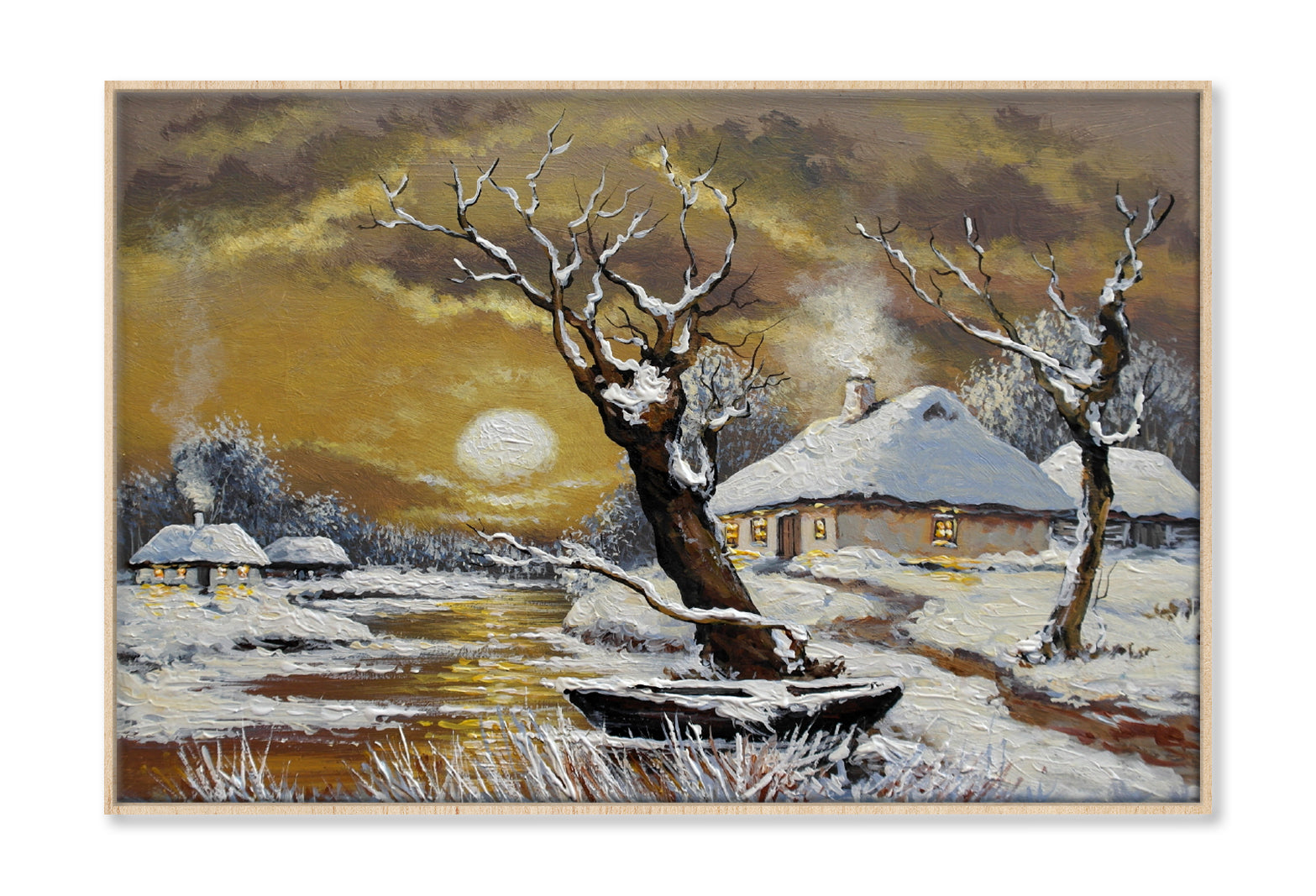 Winter House in the Village & River Night Sky Wall Art Limited Edition High Quality Print Canvas Box Framed Natural