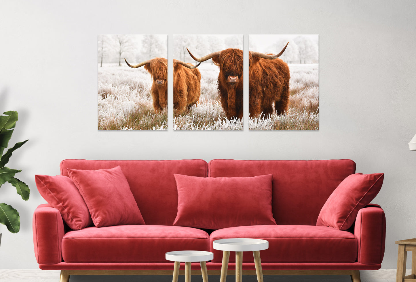 3pcs Small and Big Highland Cow Vintage Scenery Wall Art Set Canvas Framed 40x60cm - High Quality Print 100% Australian Made Wall Canvas Ready to Hang