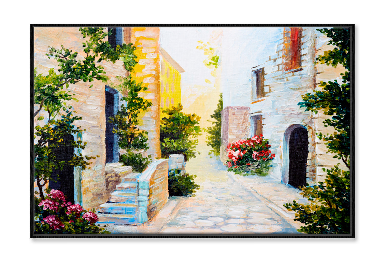 Italian Street, Colorful Watercolor Limited Edition High Quality Print Canvas Box Framed Black