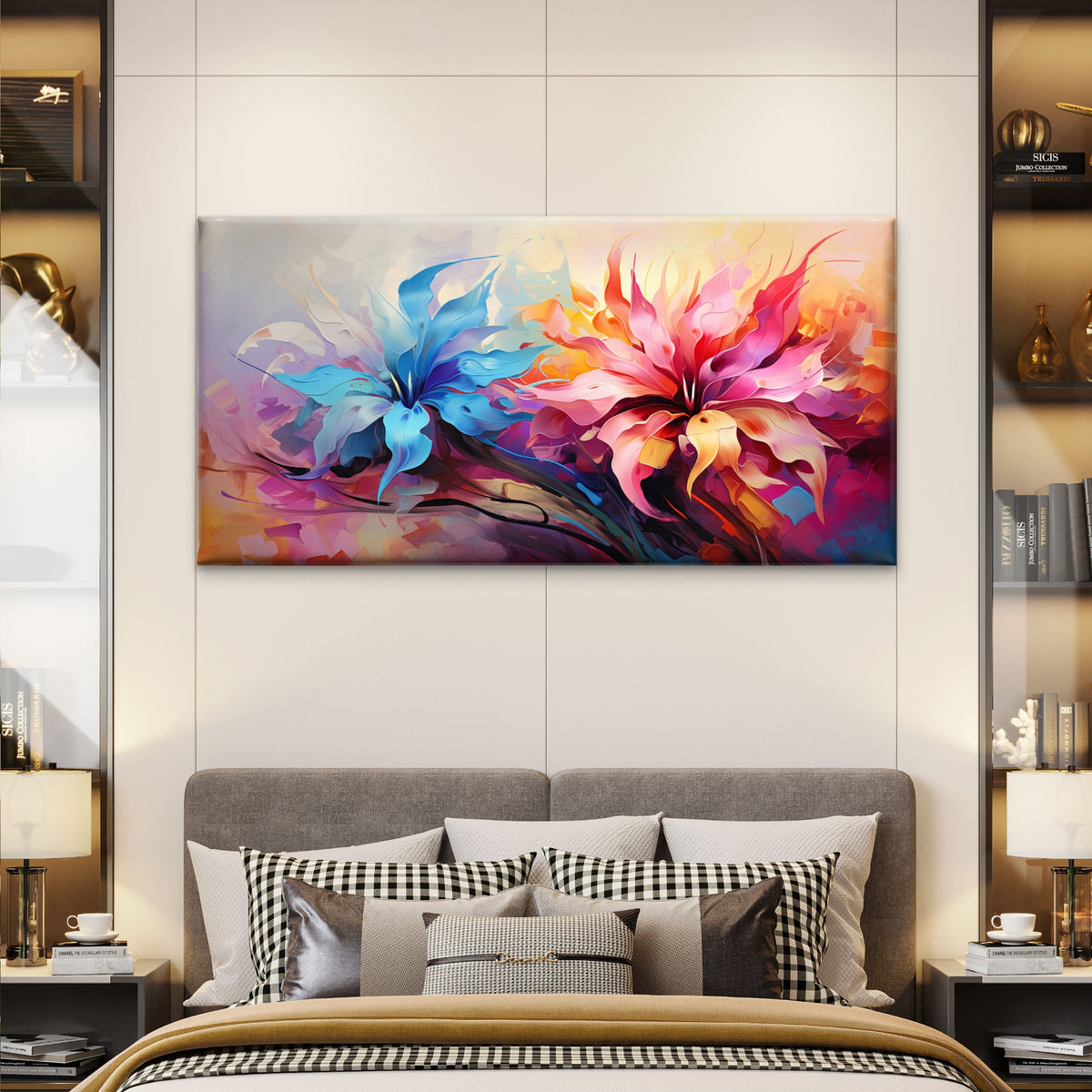 Bright Blue Pink Abstract Flowers Wall Art Canvas Office Home Room Framed 120x60cm