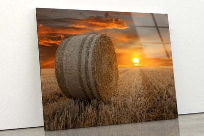 Straw Bales in A Field at Sunset Acrylic Glass Print Tempered Glass Wall Art 100% Made in Australia Ready to Hang