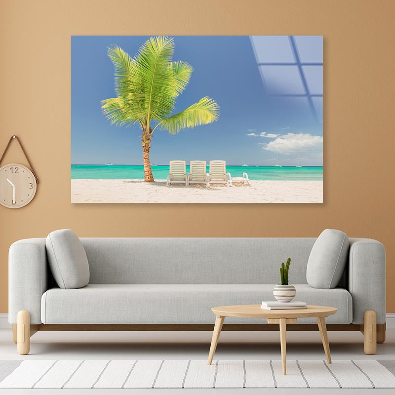 Coconut Tree and Chairs in Beach Acrylic Glass Print Tempered Glass Wall Art 100% Made in Australia Ready to Hang