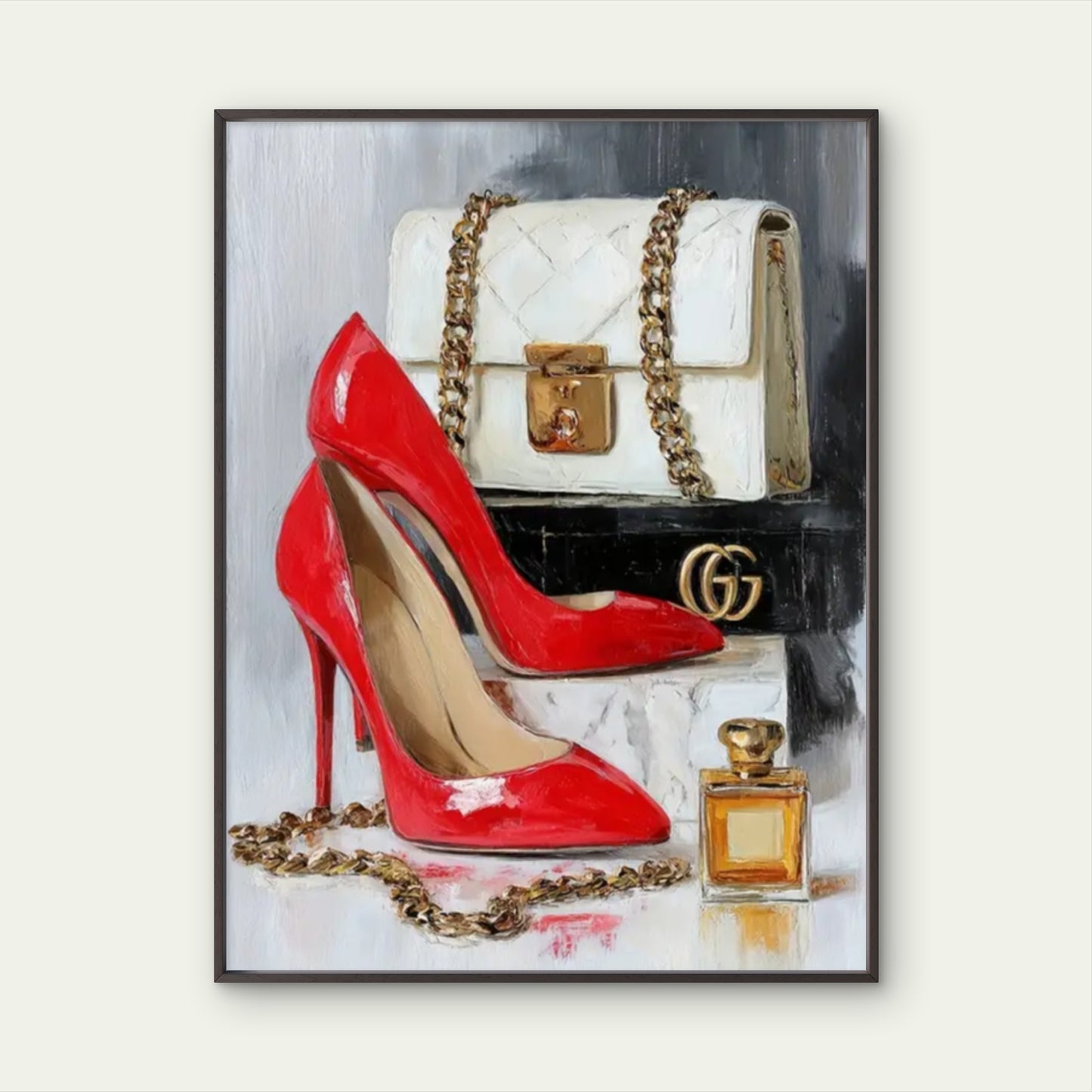Modern Luxury Red High Heels Golden Chain Bag Fashion Home Decor Premium Quality Poster Print Choose Your Sizes