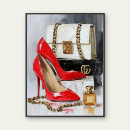 Modern Luxury Red High Heels Golden Chain Bag Fashion Home Decor Premium Quality Poster Print Choose Your Sizes