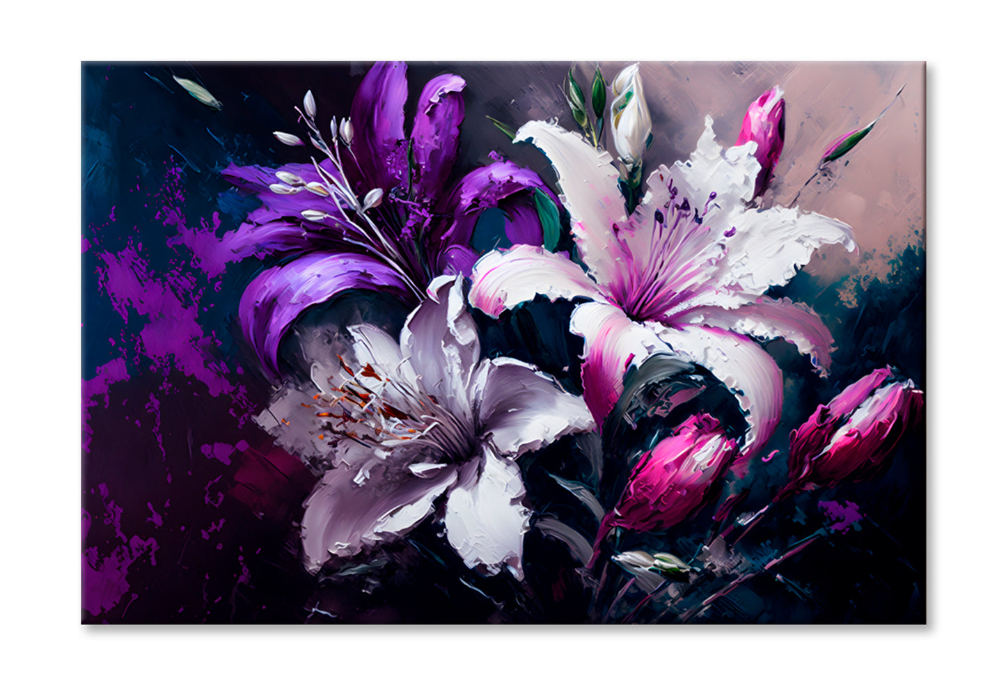 Asiatic Lilies & White Orchids Oil Painting Wall Art Limited Edition High Quality Print Stretched Canvas None