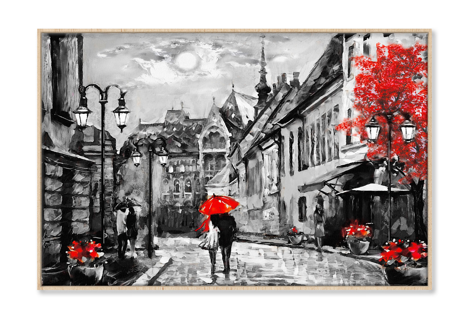 Budapest Street & Couple Under Red Umbrella B&W Painting Wall Art Limited Edition High Quality Print Canvas Box Framed Natural