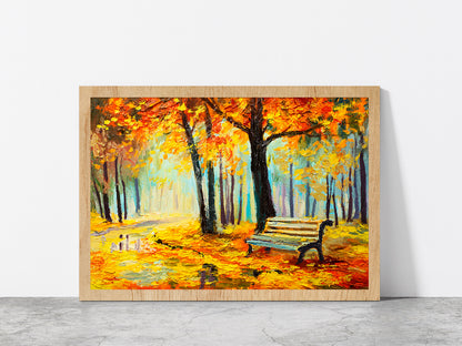 Bench In Autumn Forest Glass Framed Wall Art, Ready to Hang Quality Print Without White Border Oak