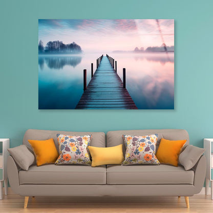 Lakeside View Featuring a Wooden Pier  Acrylic Glass Print Tempered Glass Wall Art 100% Made in Australia Ready to Hang