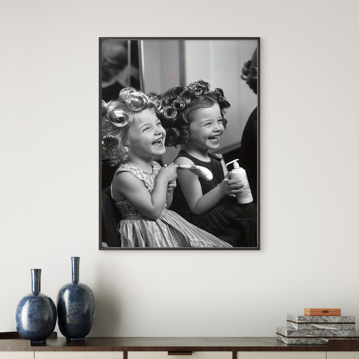 Black & White Hair Salon Two Girls in Curlers Fashion Home Decor Premium Quality Poster Print Choose Your Sizes