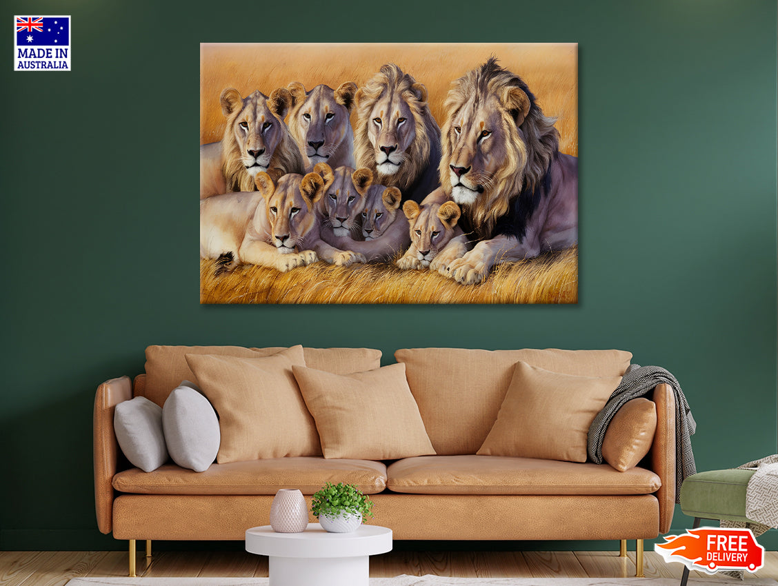 A Pride of Lions Resting Together In the Grasslands Print 100% Australian Made