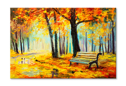 Bench In Autumn Forest Oil Painting Wall Art Limited Edition High Quality Print Stretched Canvas None