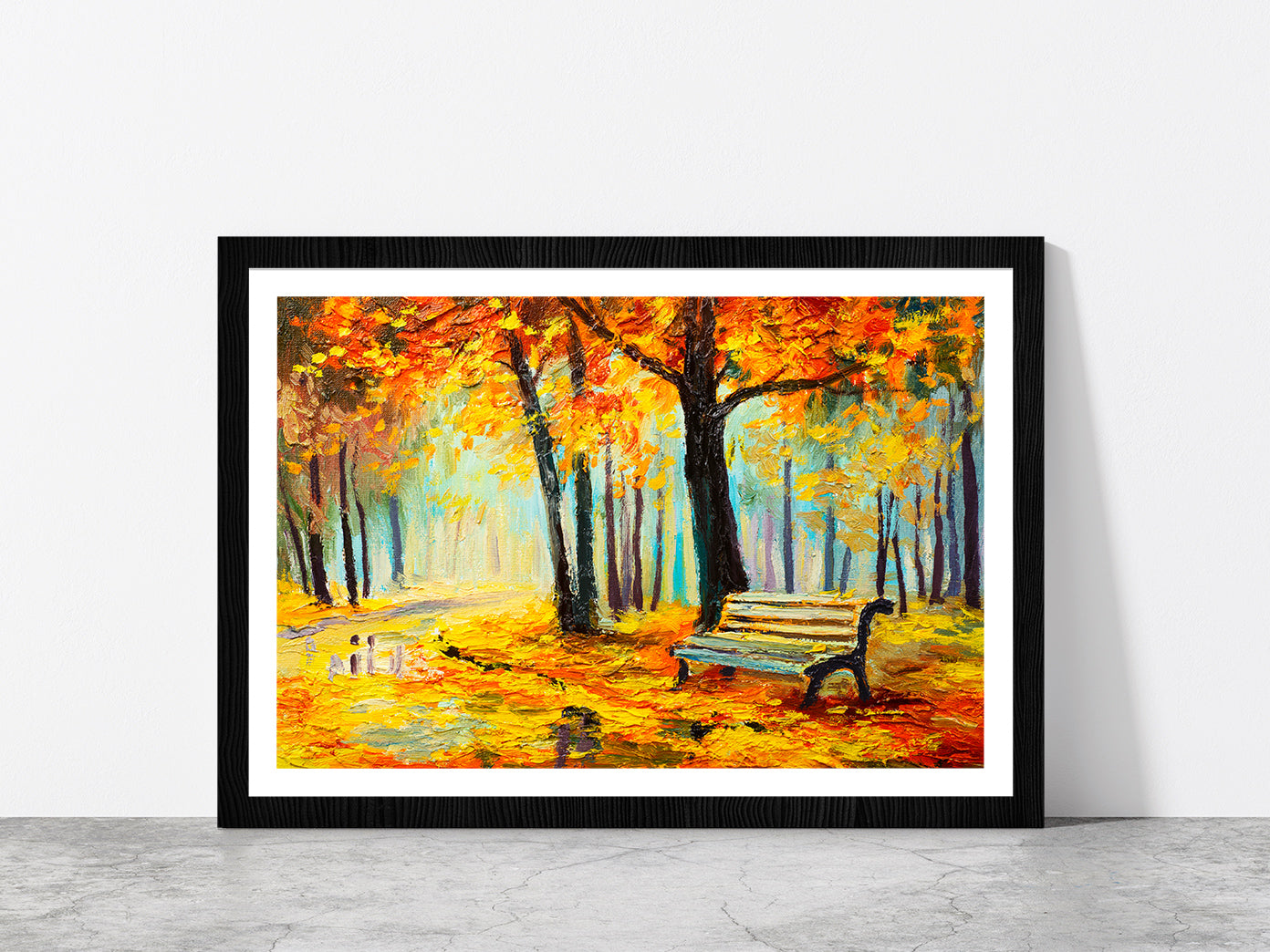 Bench In Autumn Forest Glass Framed Wall Art, Ready to Hang Quality Print With White Border Black