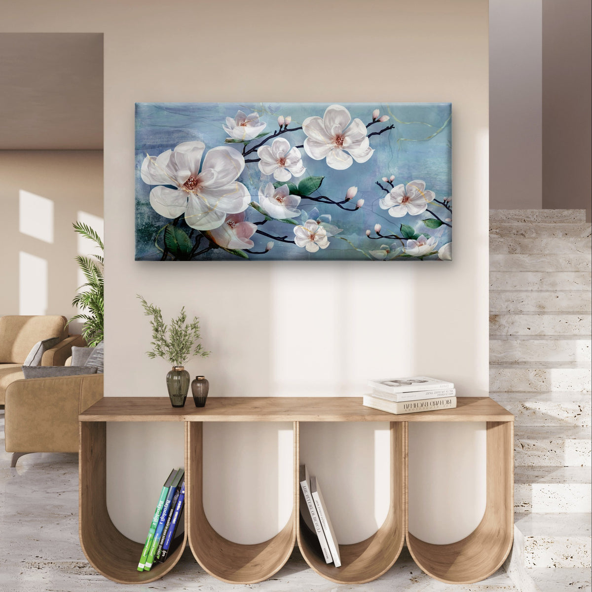 White Magnolia Floral Blossom Branch Painting Wall Art Canvas Office Home Framed 120x60cm