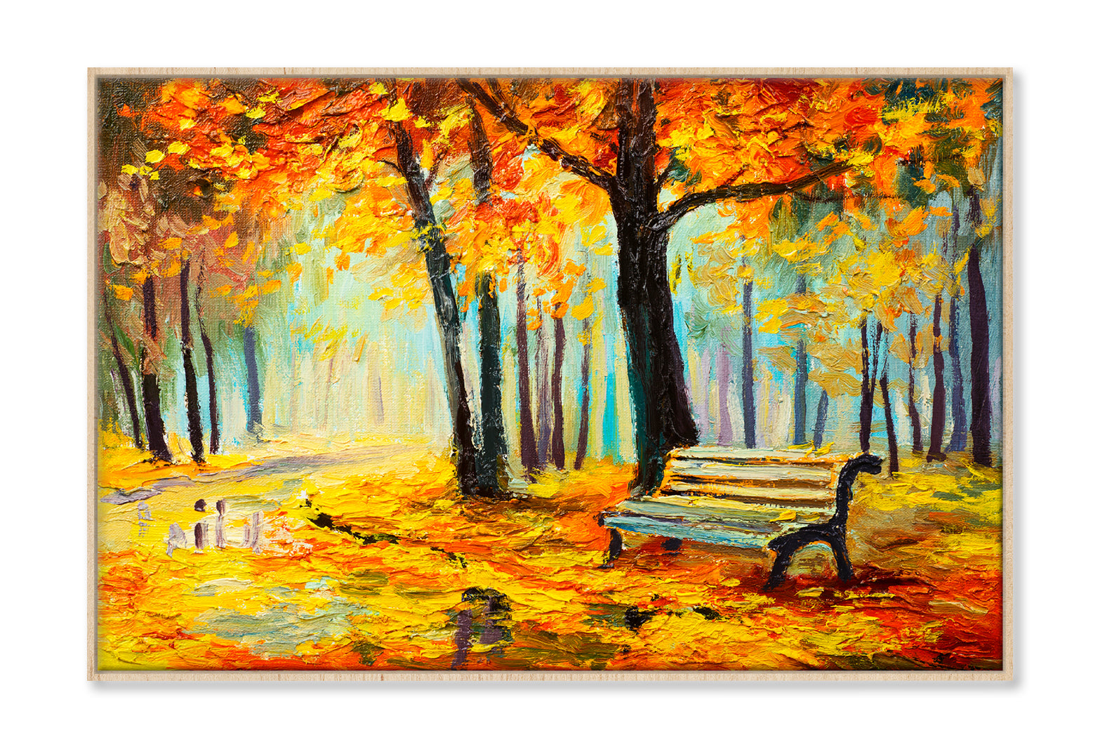 Bench In Autumn Forest Oil Painting Wall Art Limited Edition High Quality Print Canvas Box Framed Natural