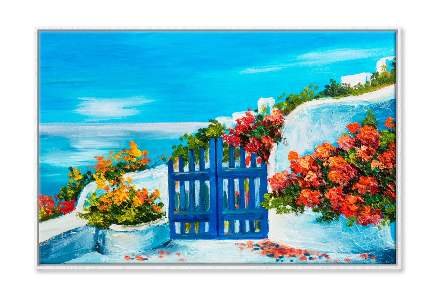 House Near The Sea, Colorful Flowers Oil Painting Wall Art Limited Edition High Quality Print Canvas Box Framed White