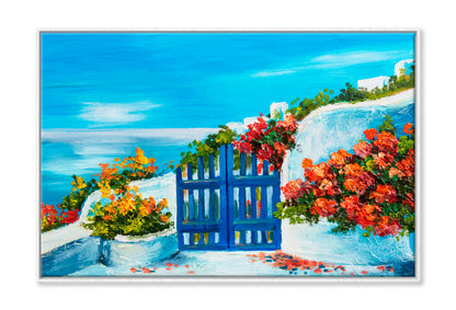 House Near The Sea, Colorful Flowers Oil Painting Wall Art Limited Edition High Quality Print Canvas Box Framed White