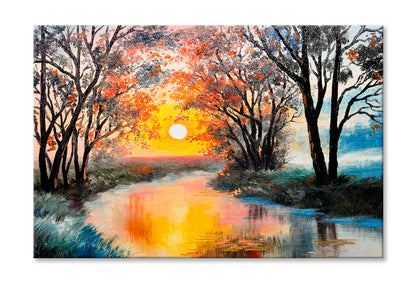 The River In Autumn Forest & Sunset Painting Wall Art Limited Edition High Quality Print Stretched Canvas None