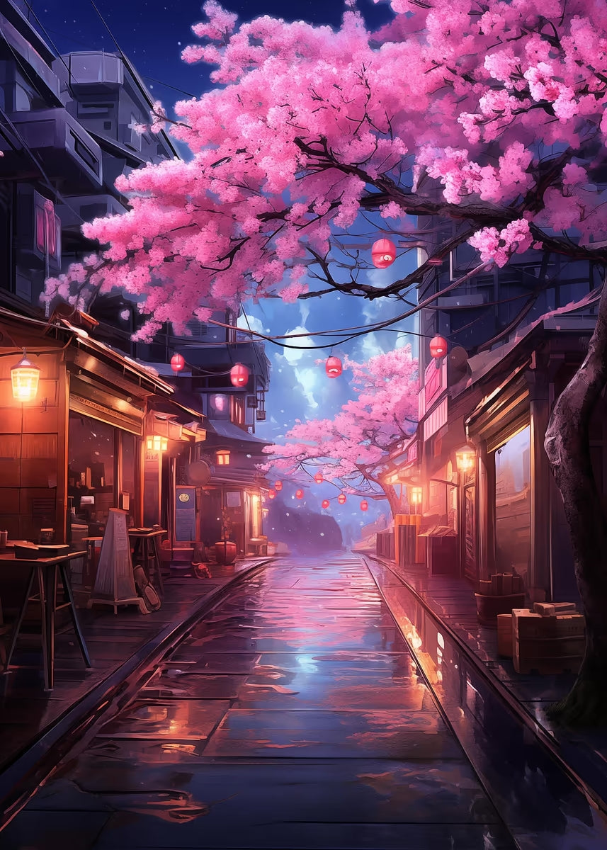 Tokyo Street Night Sakura Lantern 60x90cm Metal Print Ready to Hang