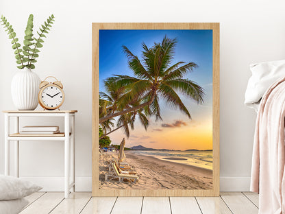 Palm Tropical Beach at Sunset Sky Photograph Glass Framed Wall Art, Ready to Hang Quality Print Without White Border Oak