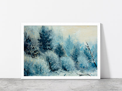 Winter Forest With Winter White Trees, Bushes In The Snow Glass Framed Wall Art, Ready to Hang Quality Print Without White Border White