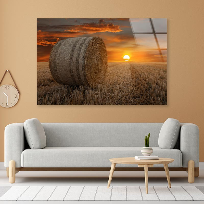 Straw Bales in A Field at Sunset Acrylic Glass Print Tempered Glass Wall Art 100% Made in Australia Ready to Hang