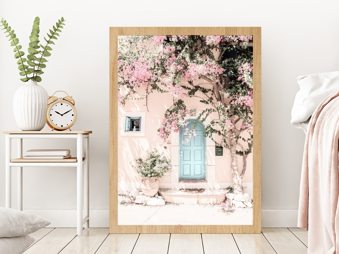 House & Flower Tree Faded Photograph Glass Framed Wall Art, Ready to Hang Quality Print Without White Border Oak