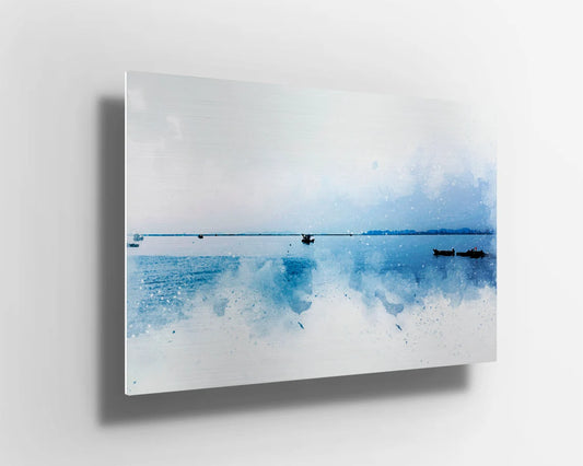 Blue watercolor lake boats UV Direct Aluminum Print Australian Made Quality