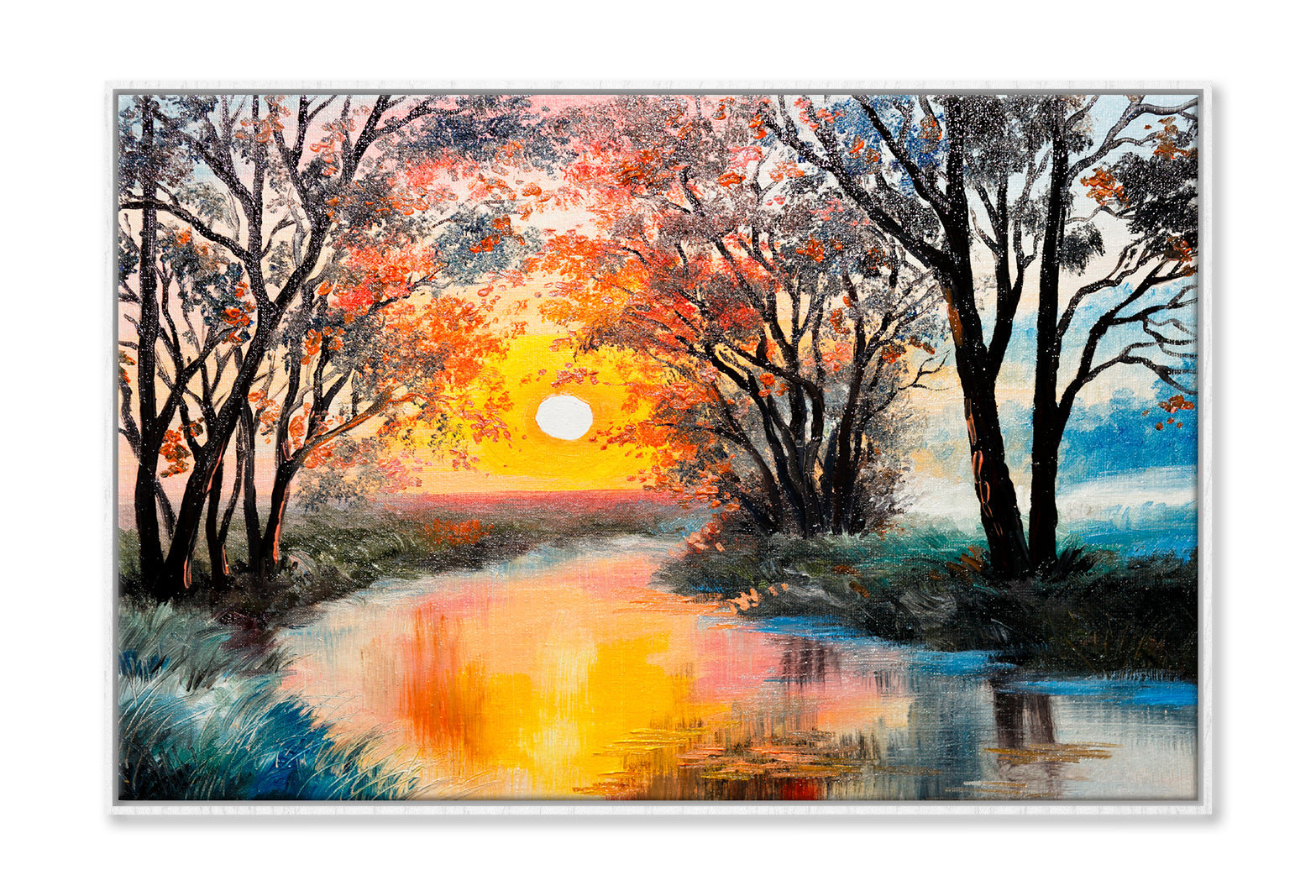 The River In Autumn Forest & Sunset Painting Wall Art Limited Edition High Quality Print Canvas Box Framed White