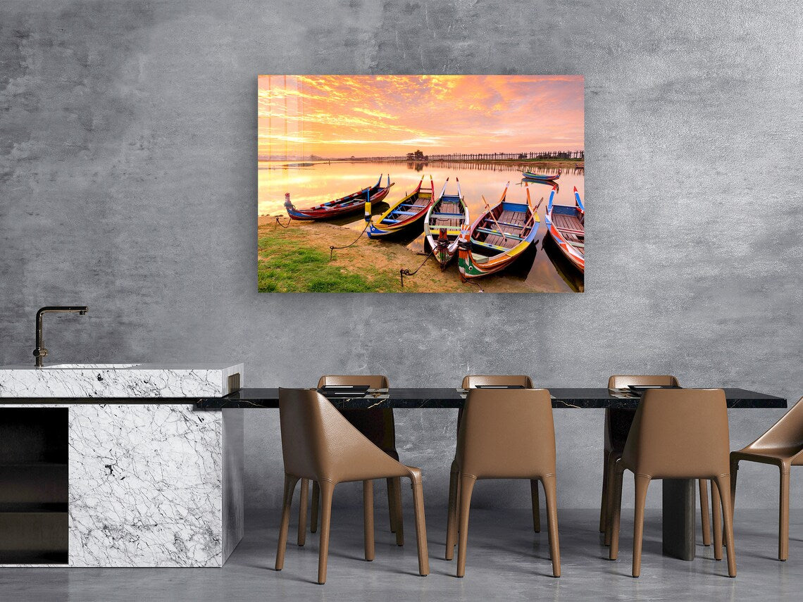 Boats on Lake Sunset UV Direct Aluminum Print Australian Made Quality